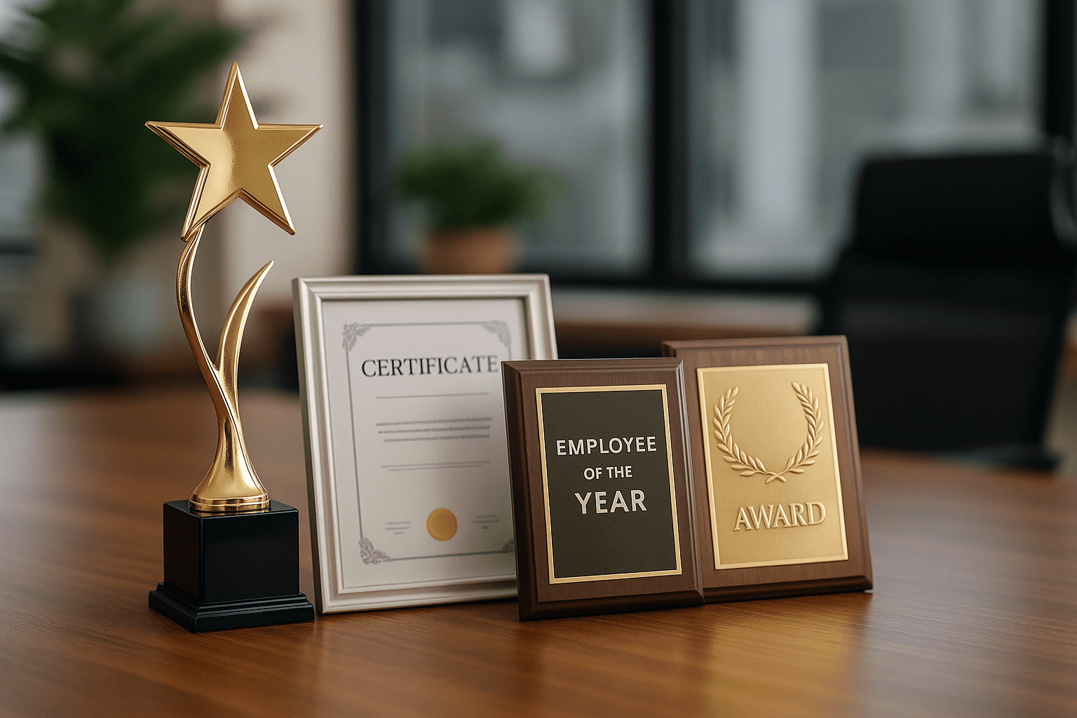 Руководитель вручает награду сотруднику в современном офисе, коллеги аплодируют, атмосфера корпоративного праздника без текста