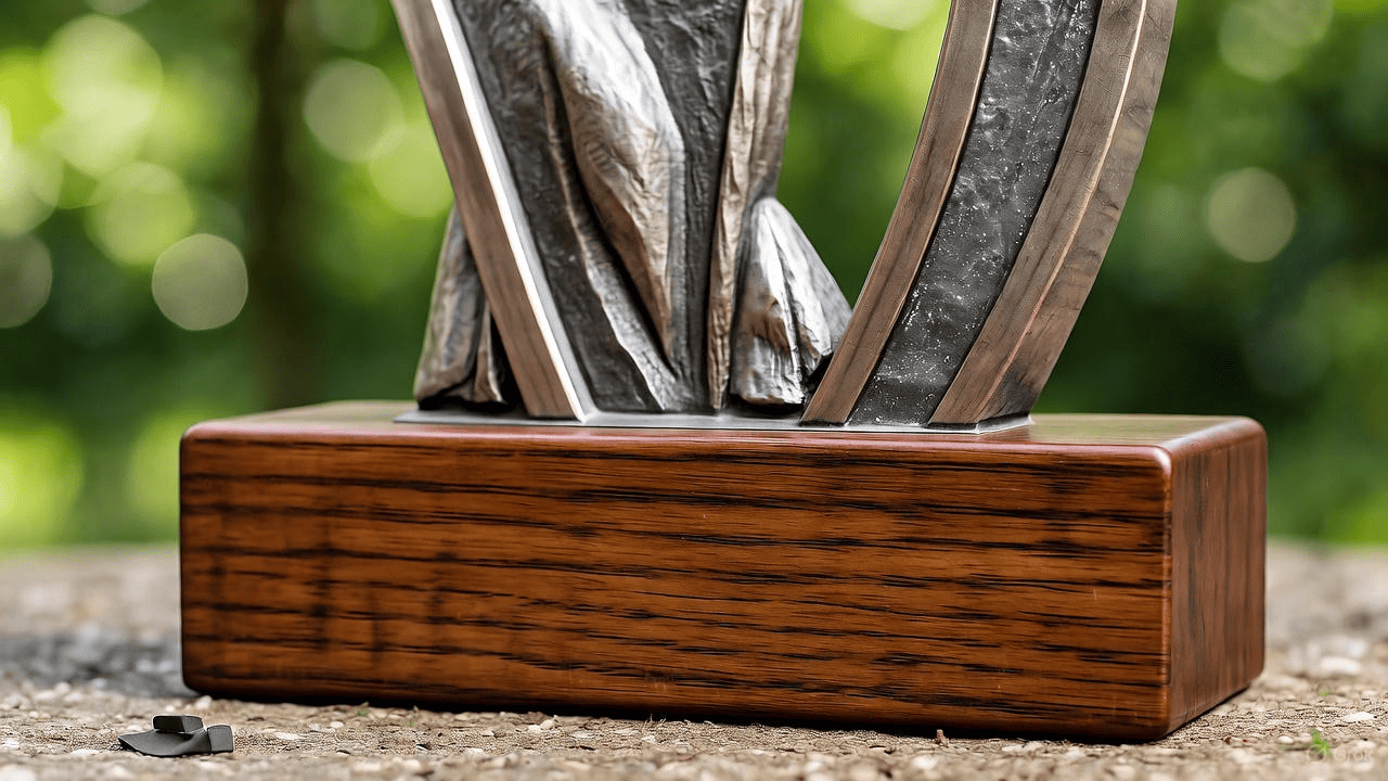 Экологичные награды из дерева и переработанного пластика, крупный план, зеленый лес