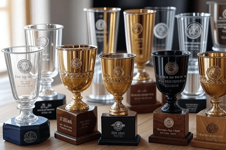Золотой кубок 2025 года с комбинированным дизайном и современной лазерной гравировкой.